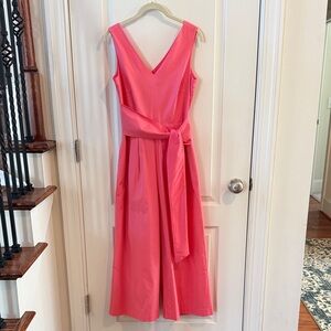J. Crew Coral Pink V-Neck Sleeveless Jumpsuit with Waist Sash and Pockets